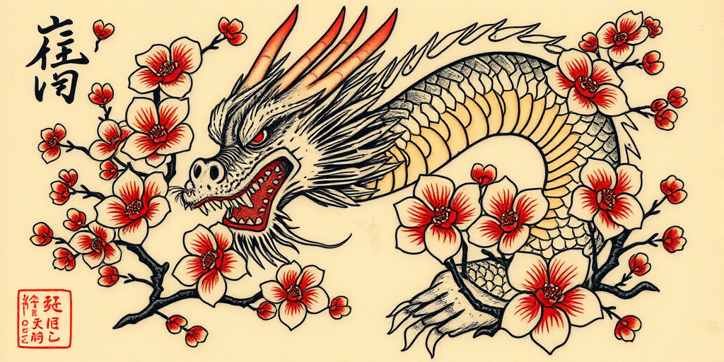 Traditional Japanese irezumi tattoo depicting a fierce dragon entwined with cherry blossoms, bold outlines and vibrant colors following time-honored techniques, rich cultural symbolism and storytelling