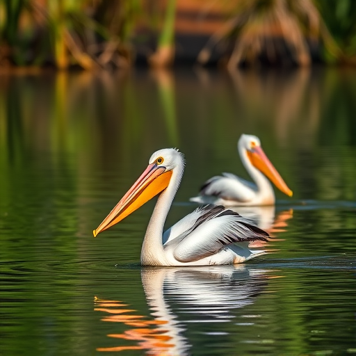 two pelicans swimming in a tranquil pond, soft natural light, shallow depth of field, ISO 200, f/4 aperture, 1/500 sec shutter speed, landscape view, DSLR camera, vibrant colors and reflections on water