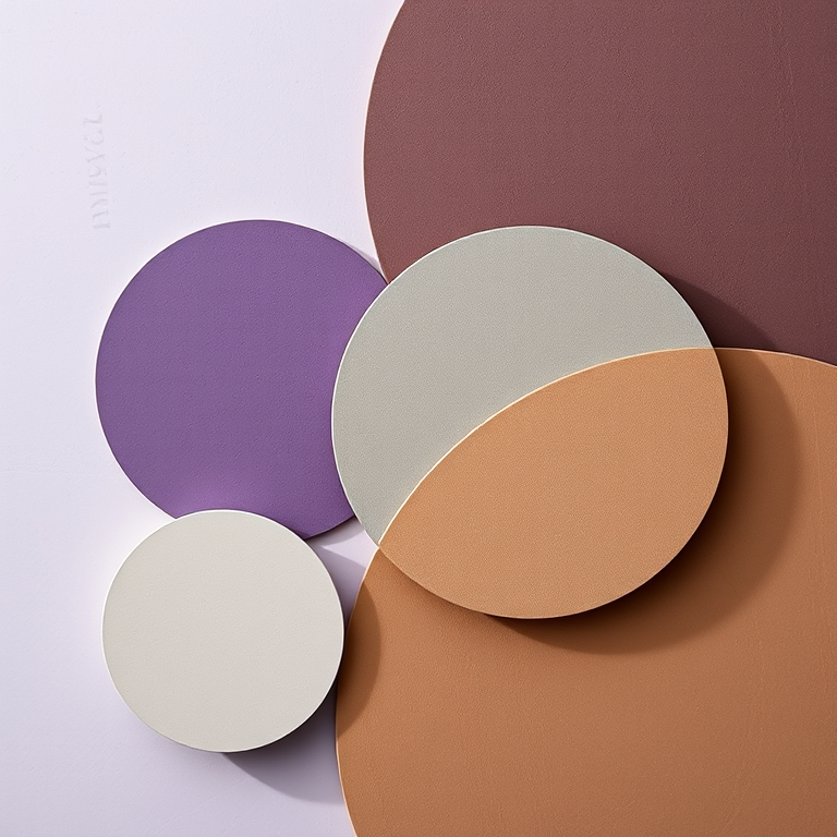 Create an abstract composition featuring overlapping circles in varying shades of purple, gray, and brown with a smooth texture using a Canon EOS R5 with a 50mm lens, aperture set to f/2.8, ISO 100, and soft natural lighting to enhance clarity and depth.