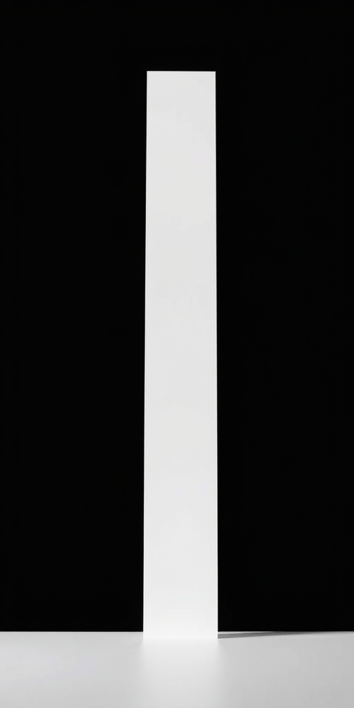 Generate a high-contrast minimalist image of a tall, narrow white shape against a solid black background, using a 50mm lens at f/1.8, with a shallow depth of field, taken from a low angle to emphasize height, in digital format using a DSLR camera.