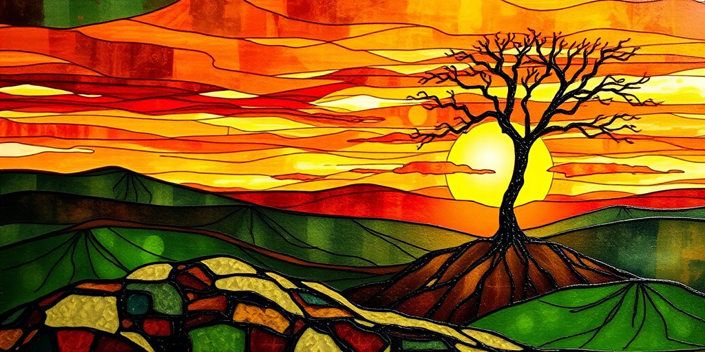 A vibrant abstract painting on Tiffany Glass, blending acrylic and alcohol ink techniques, captures a dramatic sunset over rolling hills. The artwork features a textured, rocky foreground in green and brown, layered abstract hills, and a striking sunset in rich oranges, yellows, and reds. A solitary black tree with intricate branches contrasts against the fiery sky, creating a dynamic and expressive portrayal of a breathtaking natural scene.