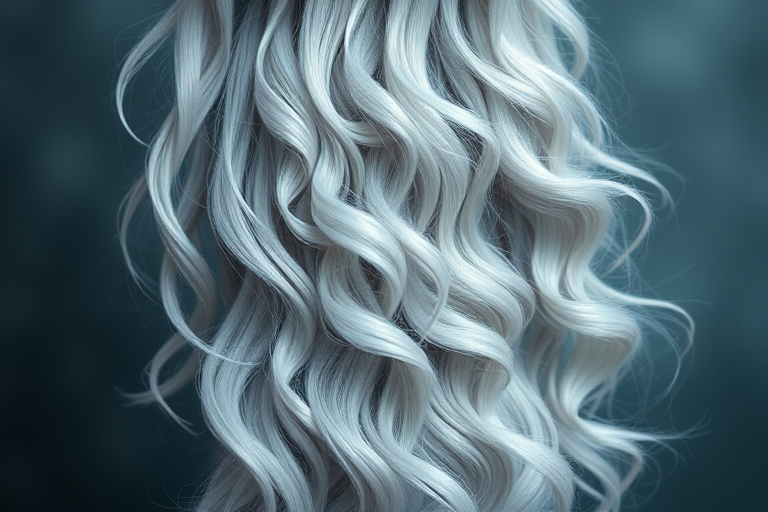 Elegant silver ombre mermaid waves called Moonlight Cascade cascading down to the waist with delicate pearl accents woven throughout giving an ethereal and enchanting appearance ideal for fantasy-inspired photoshoots