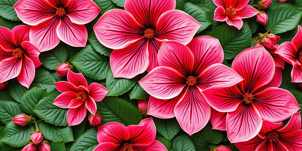 Create a vivid floral pattern featuring large pink and coral flowers with intricate linework, surrounded by lush green leaves, captured with a DSLR camera at f/4.0 aperture, ISO 100, 50mm lens, in top-down flat lay style for enhanced texture and detail.