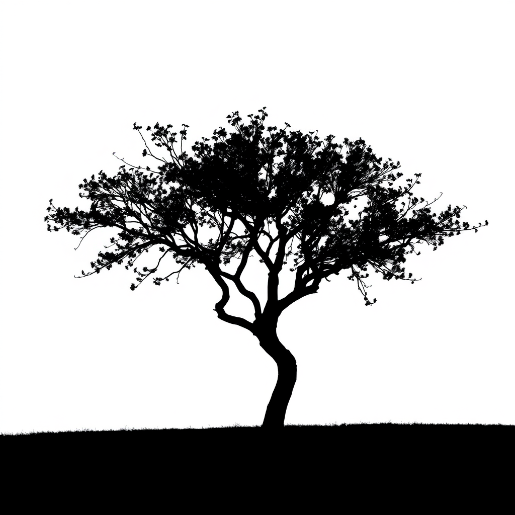 Create a high-resolution image of a stylized black silhouette of a tree against a white background using a Canon EOS R5, 50mm lens, f/1.8 aperture, ISO 100, in natural daylight with soft shadows.
