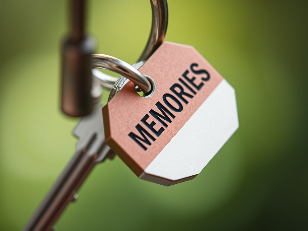 A close-up shot of a silver key with a brown key tag that reads "MEMORIES" attached, shallow depth of field, 50mm lens, f/1.8 aperture, natural lighting, ISO 100, tripod stabilization.