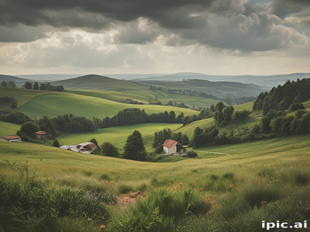 Serene Landscape of Rolling Green Hills Under a Dramatic Cloudy Sky