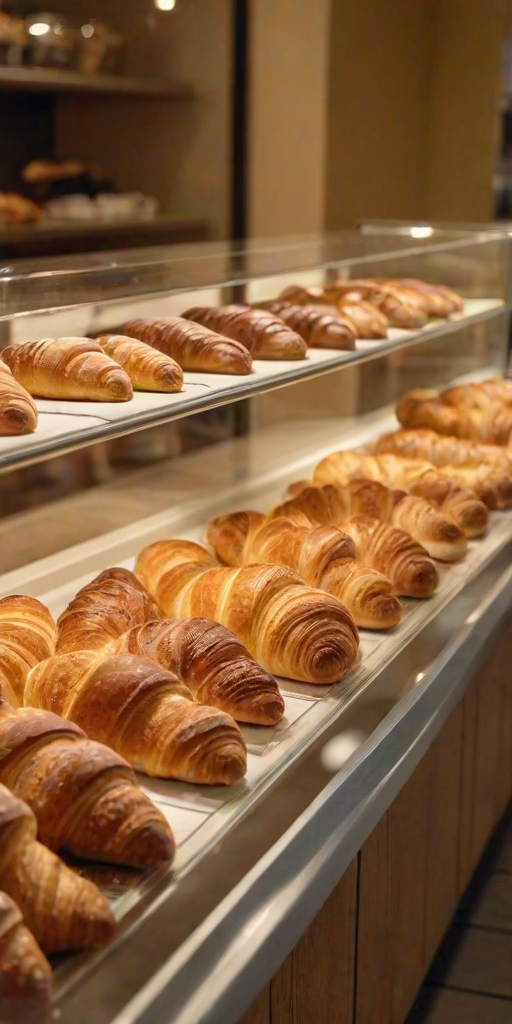 Warmly lit image of a bakery display case, rows of freshly baked pastries, croissants glistening with butter, soft light reflecting off the glass, the smell of sweet dough and coffee lingering in the air, a customer peering through the glass.