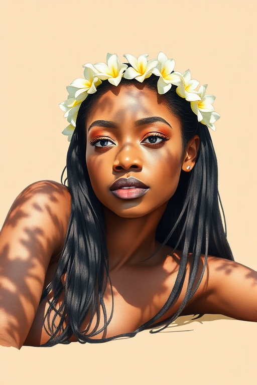 create a watercolor painting of an ethereal portrait of beautiful Igbo woman with a simple white flower crown on her head. Her hair is long and she is lying on the ground. The sunlight on the trees casts shadows from the leaves on her face and body. The background is a neutral brown color that matches her skin tone. The image is minimalist and solid colors. This style is characterized by soft, delicate brushstrokes and a light, airy, contrasting color palette. High level of detail and play of light
