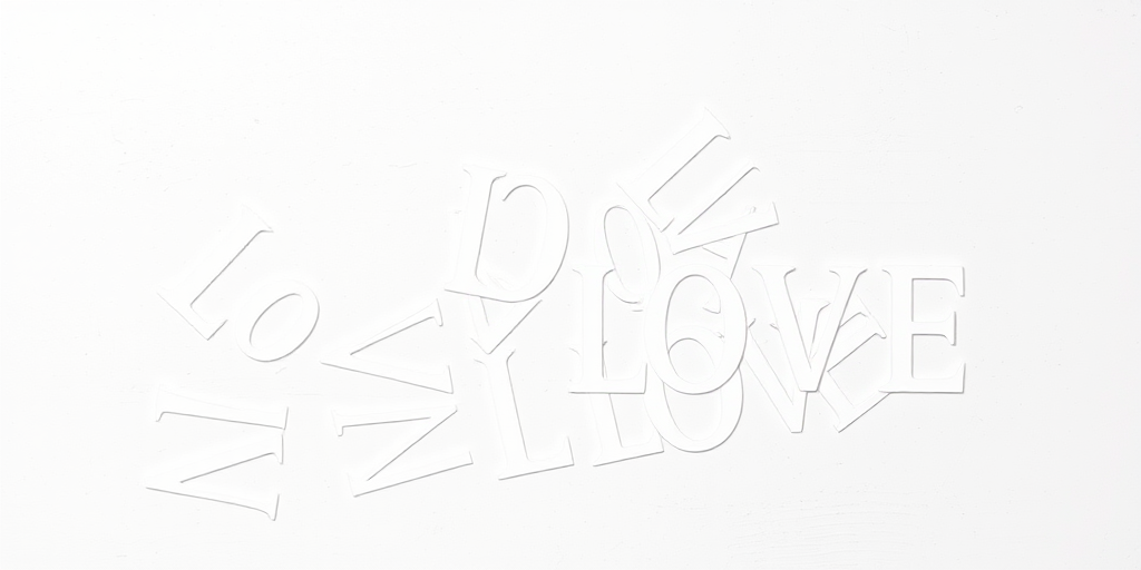 create an abstract image featuring the word "LOVE" in a scattered, overlapping pattern against a textured white background, camera settings: ISO 100, aperture f/8, shutter speed 1/125s, camera view: flat lay, camera style: minimalistic, camera type: DSLR