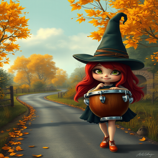digital art fantasy depicting a strange girl with red hair, long eyelashes, Yellow lipstick and a tall hat walking along a winding road on an autumn afternoon, an Bongo smiles as she passes