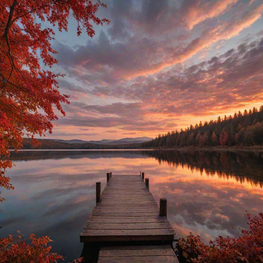 Create an image featuring a wooden dock extending into a serene lake at sunset. The sky is filled with dramatic orange, pink, and golden clouds as the sun sets behind distant hills, casting a beautiful reflection on the calm waters of the lake. The dock is strewn with vibrant red autumn leaves, and a strikingly red tree stands to the right, its leaves also glowing in the sunset light. The overall mood of the image is peaceful and warm, with the contrast between the fiery sky and calm waters enhancing the beauty of the scene.