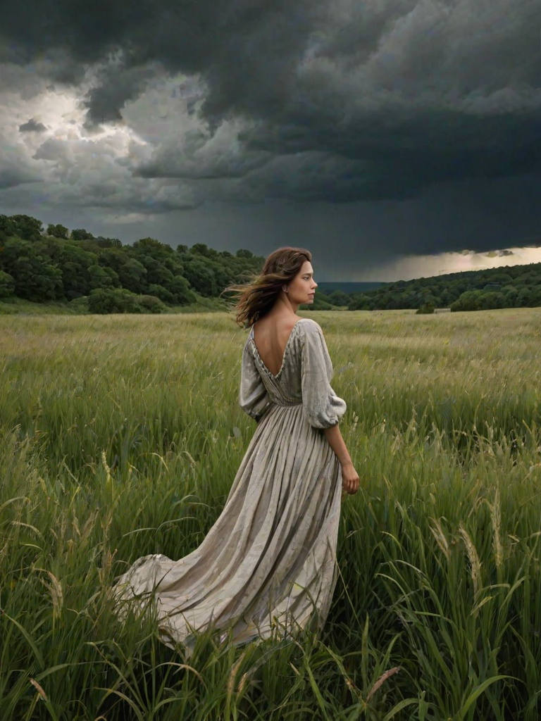 Overgrown field by a crumbling stone wall, a woman stands among the tall grass, her flowing dress catching the wind as she gazes up at the storm clouds gathering above.