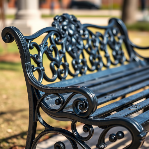 Regenerate an image of a black iron bench with intricate design, 50mm lens, f/2.8 aperture, ISO 100, shot in bright daylight from a slightly elevated angle, using a DSLR camera for high detail and clarity.