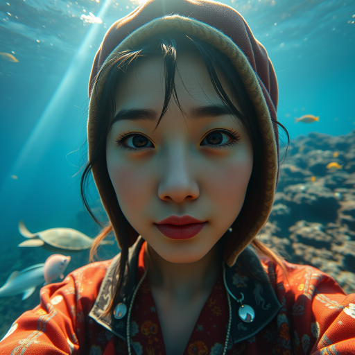 Realistic selfie image of a Chinese, wearing a vintage outfit, detailed dreamy eyes, droopy hooded eyes, staring at the camera, taken underwater at coral reef with a sunbeam filtering through the water, vibrant, summer vacation, natural lighting, turtle and school of tropical fish with vibrant colors, rendered in the style of CryEngine, Pegi Nicol MacLeod, with realistic genre scenes, hauntingly beautiful narratives, ultra-realism, and Thomas Saliot's close-up technique, 8K resolution, crystal clear and sparkling water.