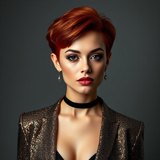 Portrait of a young woman with stylish short red hair and a glamorous outfit, studio lighting, ISO 100, f/2.8, 1/125s, Canon EOS R5, 85mm lens, high-key lighting, soft focus.