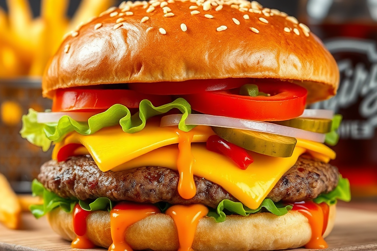 High-resolution, close-up image of a gourmet double cheeseburger. The burger features a glossy, sesame-seed-topped brioche bun. Inside, there are two thick, juicy beef patties, each topped with melted cheddar cheese. The burger is garnished with fresh lettuce, tomato slices, diced onions, and pickles. A generous amount of ketchup and a creamy, orange-colored sauce is dripping down the sides, adding to the mouth-watering appeal. In the background, there are blurred elements including a side of golden French fries and a hint of a beverage, enhancing the overall presentation of a delicious meal.