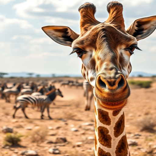 Capture a close-up shot of a giraffe in a dry savanna landscape with a herd of zebras in the background, using a DSLR camera with a 50mm lens, aperture f/2.8 for shallow depth of field, ISO 200 for optimal light, and a landscape orientation for vibrant color contrast.