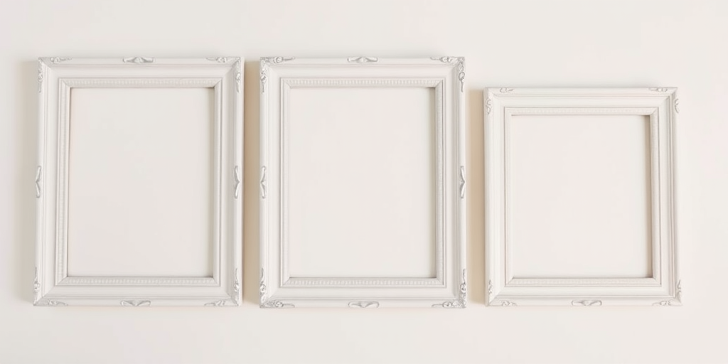 Create an image of three vintage white picture frames arranged in a row against a light-colored background, using a DSLR camera with a 50mm lens, aperture f/2.8, ISO 100, shot from eye level, in natural light to enhance the image quality.