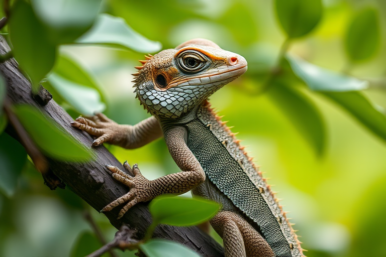 a close-up of a lizard climbing on a branch surrounded by green leaves, showcasing intricate scales and textures, with a soft blurred background highlighting the natural habitat
