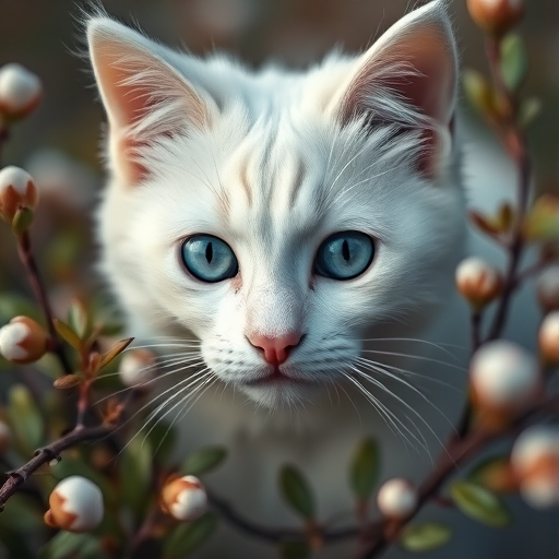 Capture a close-up of a white cat with striking blue eyes among delicate winter foliage, using a 85mm lens, aperture f/1.8, shutter speed 1/200s, ISO 100, natural soft lighting, and a shallow depth of field for enhanced detail and bokeh effect.