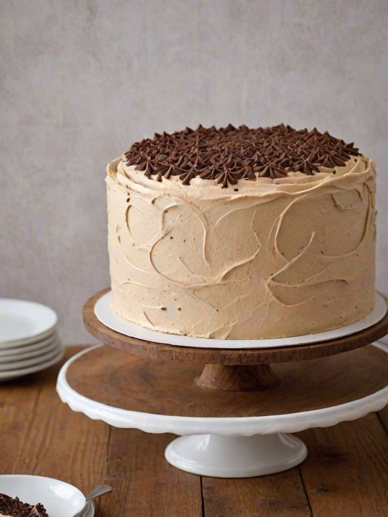Create an image of a round cake with a smooth, light brown buttercream frosting. The cake should have a decorative border of chocolate sprinkles along the bottom and be topped with swirls of frosting around the edge. Place the cake on a white cake stand, and use a rustic wooden background to enhance the presentation. Add a hint of a bottle of liqueur in the background for context.