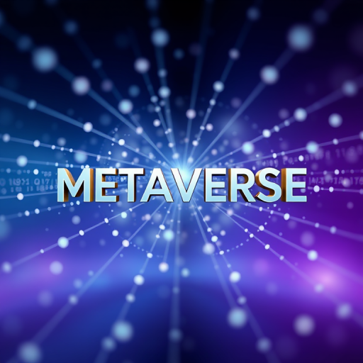 Generate a high-resolution abstract image of the word "METAVERSE" in a futuristic 3D style, surrounded by a network of interconnected dots and lines on a gradient blue to purple background, with a depth of field effect, using a DSLR camera at f/2.8, 24mm lens, ISO 100, and a slow shutter speed to capture light trails.