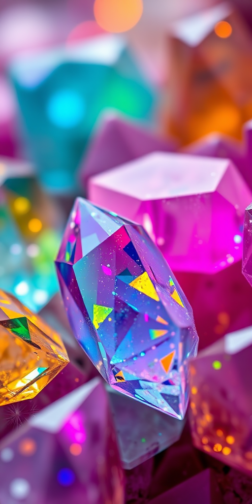 macro shot of colorful crystals with light reflections and rainbow hues, 100mm f/2.8, ISO 100, shutter speed 1/125s, natural light, DSLR camera, shallow depth of field, vibrant colors