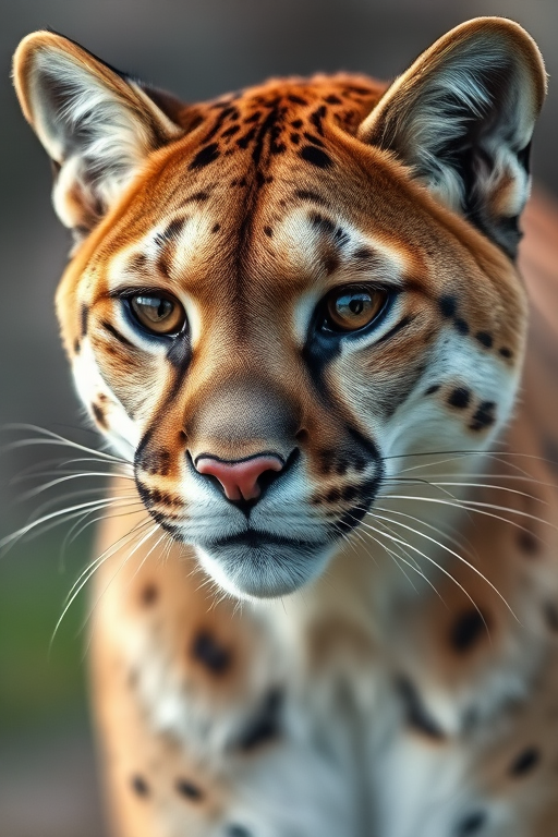 Regenerate an artistic portrait of a cougar featuring soft watercolor effects and detailed fur textures, use a DSLR camera with a 50mm lens at f/1.8, ISO 200, and a shallow depth of field from a slightly low angle for enhanced clarity.