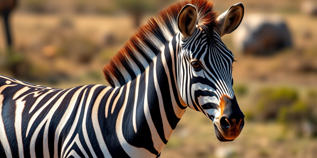 a detailed portrait of a zebra standing gracefully in a natural setting, shot with a Canon EOS 5D Mark IV, using a 50mm f/1.8 lens, aperture set to f/4, shutter speed 1/200 sec, ISO 100, side lighting to enhance texture and contrast, vibrant colors and sharp focus on the zebra's stripes.