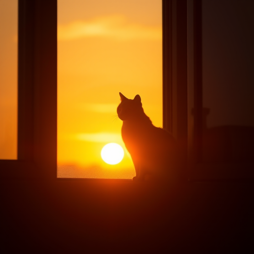 Generate a high-quality silhouette of a cat sitting on a windowsill at sunset, captured with a Canon EOS R5, 85mm lens, f/1.8 aperture, ISO 100, 1/200 sec shutter speed, in a warm color tone for enhanced contrast and detail.