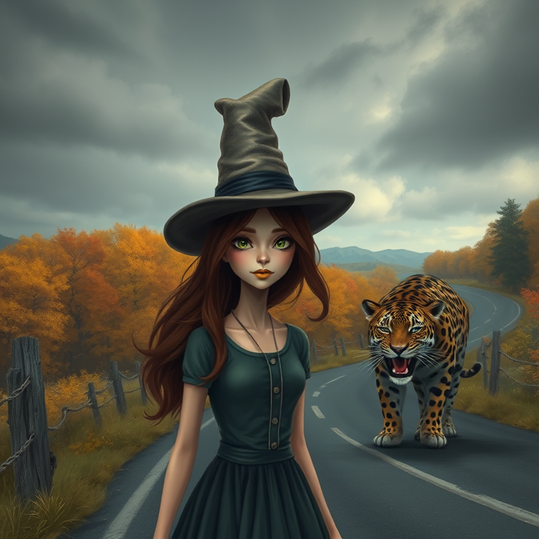 digital art fantasy depicting a strange girl with brown hair, long eyelashes, Yellow lipstick and a tall hat walking along a winding road on an autumn afternoon, an Jaguar smiles as she passes