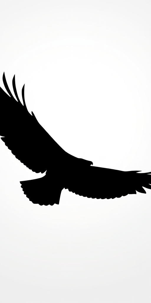 generate a high-quality vector image of a detailed black silhouette of a soaring eagle in a dynamic flying position against a transparent background with soft gradients using a DSLR camera at f/2.8, ISO 100, shutter speed 1/500s, taken from a low angle to emphasize the wingspan, utilizing a wide-angle lens for depth and clarity.