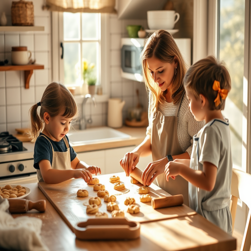 Cozy kitchen scene, with a mother baking cookies, her children helping by rolling out dough, the warm scent of vanilla wafting through the air, and sunlight streaming through the window.