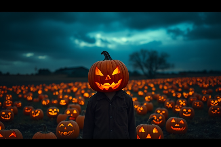 A figure wearing a pumpkin head stands amidst a field of glowing jack-o'-lanterns under a moody sky, with soft, diffused lighting; camera settings: f/1.8, ISO 200, shutter speed 1/60s; camera view: portrait, camera style: cinematic, camera type: DSLR.