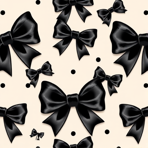 Create a seamless pattern featuring elegant black bows on a soft beige background. The bows should vary in size and orientation, showcasing intricate details and a glossy texture, with a sophisticated and stylish aesthetic.