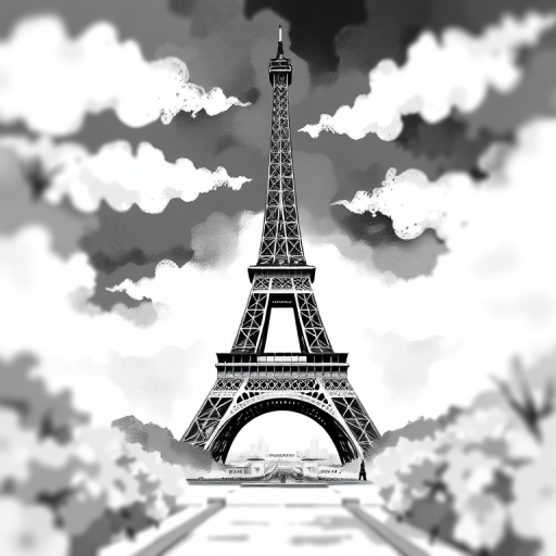Eiffel Tower illustration in black and white with abstract elements, soft focus, 50mm lens, f/2.8 aperture, ISO 100, overcast lighting, high-resolution digital art style.