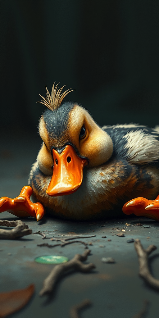 Stunning image of a cute adorable tired looking wacky duck laying flat on the ground, no emotions, moody, grainy, noisy, concept art, by Alberto Seveso, Cyril Rolando, Dan Mumford, Meaningful Visual Art, Detailed Painting, Digital Illustration,