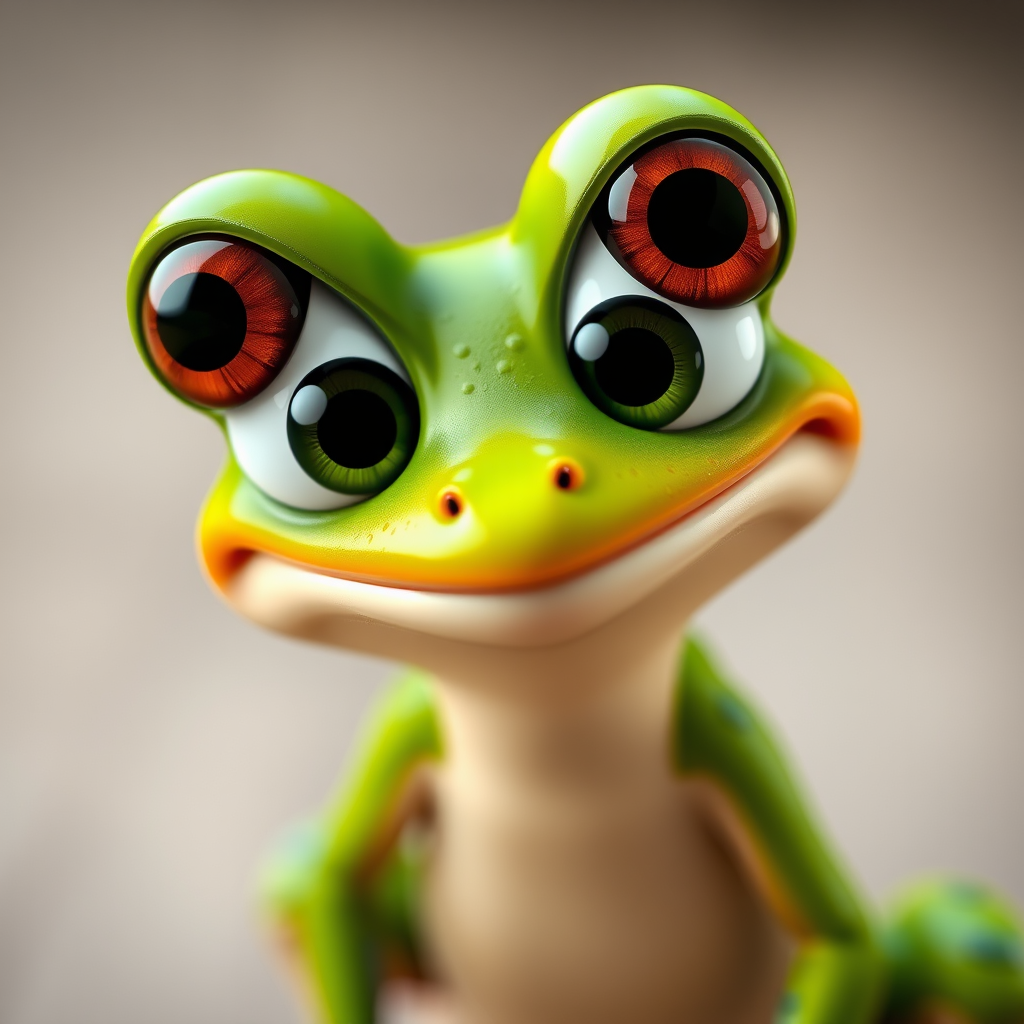 Create a vibrant cartoon-style image of a whimsical frog with big eyes and a playful expression, using a Canon EOS R5 camera set to f/2.8 for a shallow depth of field, ISO 100 for sharp detail, and a 35mm lens to capture the character against a clean background.