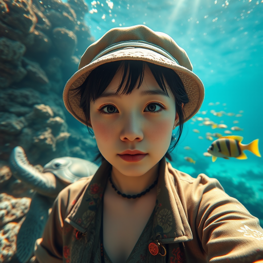 Realistic selfie image of a Chinese, wearing a vintage outfit, detailed dreamy eyes, droopy hooded eyes, staring at the camera, taken underwater at coral reef with a sunbeam filtering through the water, vibrant, summer vacation, natural lighting, turtle and school of tropical fish with vibrant colors, rendered in the style of CryEngine, Pegi Nicol MacLeod, with realistic genre scenes, hauntingly beautiful narratives, ultra-realism, and Thomas Saliot's close-up technique, 8K resolution, crystal clear and sparkling water.