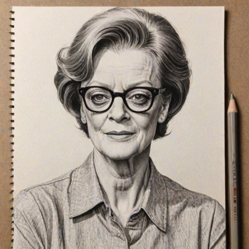 Radiant Maggie Smith, pencil sketch, portrait of Wonderful woman 1971s in glasses, hair style beatnik, outline, clear lines, fine lines, 8k