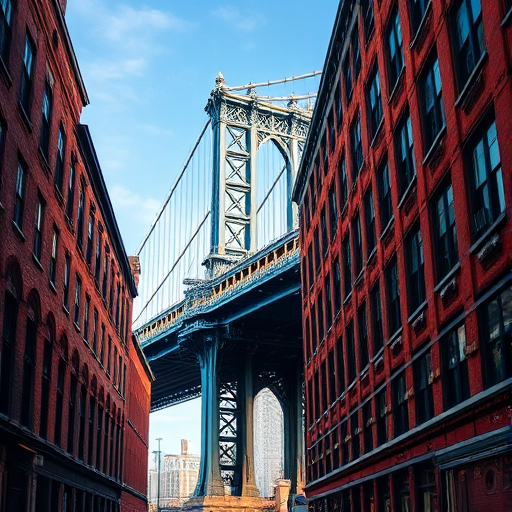 Capture a vibrant view of the Manhattan Bridge framed by red brick buildings in Dumbo, Brooklyn, at midday, with a Canon EOS R5, ISO 100, f/8, 1/250s, using a wide-angle lens to enhance depth and clarity.