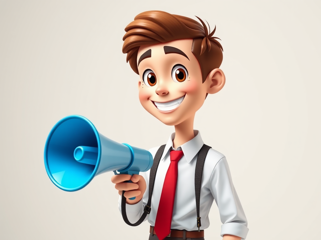 Create a vibrant cartoon character of a young man with brown hair, wearing a white shirt and red tie, holding a blue megaphone and smiling, captured in a bright studio setting with soft lighting, using a DSLR camera at f/2.8 aperture, 50mm lens, and 1/160 seconds shutter speed for enhanced sharpness and detail.