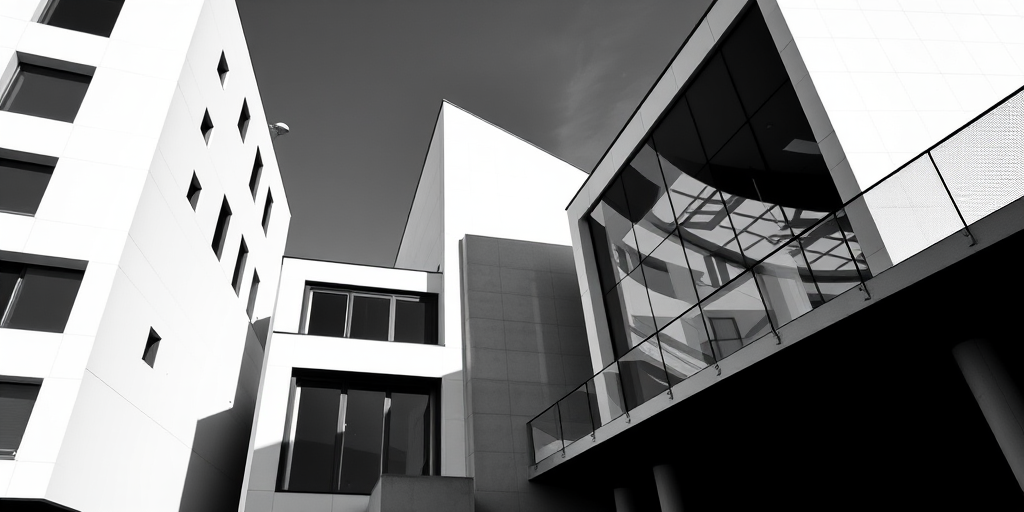create a high-contrast black and white image of modern architectural structures with angular shapes, large glass windows, and sharp shadows in a geometric composition