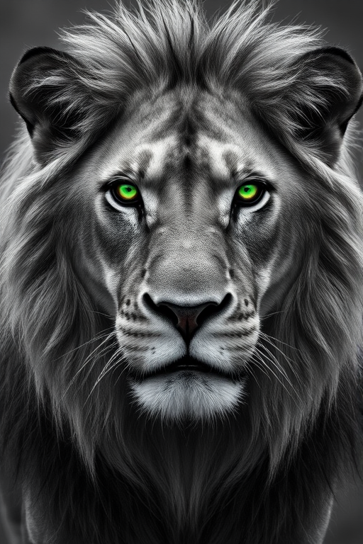 High-contrast monochrome image of a lion with glowing green eyes, captured with a Canon EOS 5D Mark IV, ISO 100, f/2.8, 85mm lens, 1/200 sec, in a portrait view with soft focus background for enhanced detail.