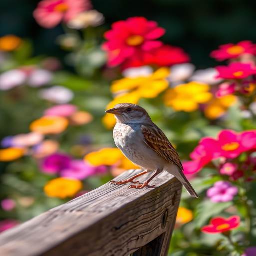Capture a close-up of a sparrow perched on a weathered wooden bench in a vibrant garden, with a shallow depth of field blurring colorful flowers in the background, using a DSLR camera, 50mm lens, f/2.8 aperture, ISO 100, and a sunlight exposure for enhanced image quality.