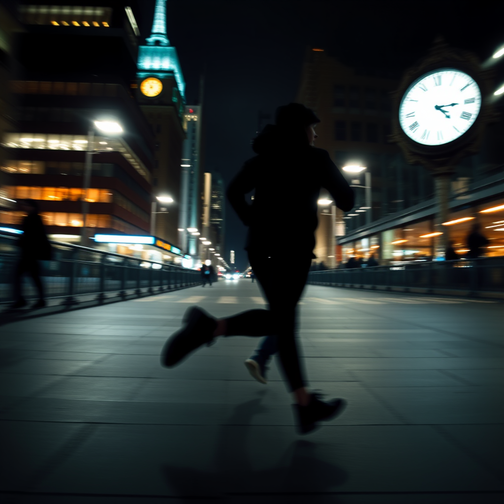 silhouette of a person running in a cityscape at night with a blurry clock in the background, wide-angle lens, ISO 400, f/2.8, 1/60 sec exposure, shot with a DSLR camera using long exposure for dynamic motion effect