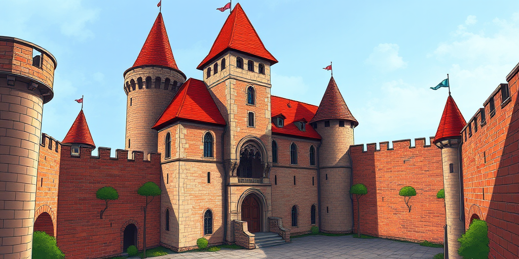Draw a detailed medieval castle with a red roof tower, brick walls, and an inner courtyard, using vibrant colors, digital art style, high resolution, 4K quality, with a wide-angle view and soft lighting to enhance depth and shadows.