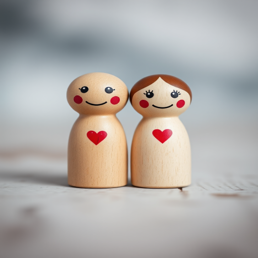 Create a soft-focus, close-up photograph of two wooden peg dolls with playful, cartoonish expressions and heart graphics, using a DSLR camera, f-stop 2.8, 50mm lens, ISO 100, natural light, and a shallow depth of field for a dreamy background effect.