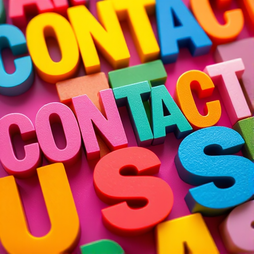 Create a vibrant, colorful, and close-up shot of overlapping text letters spelling "CONTACT US" in various colors, using a DSLR camera with a 50mm lens, aperture set to f/2.8 for shallow depth of field, ISO 100 for high clarity, and a top-down view for an immersive effect.