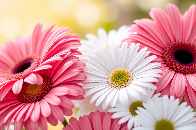 close-up shot of pink gerbera daisies and white daisies in a bright, soft-focus background, f/2.8 aperture, 50mm lens, ISO 100, natural light, DSLR camera